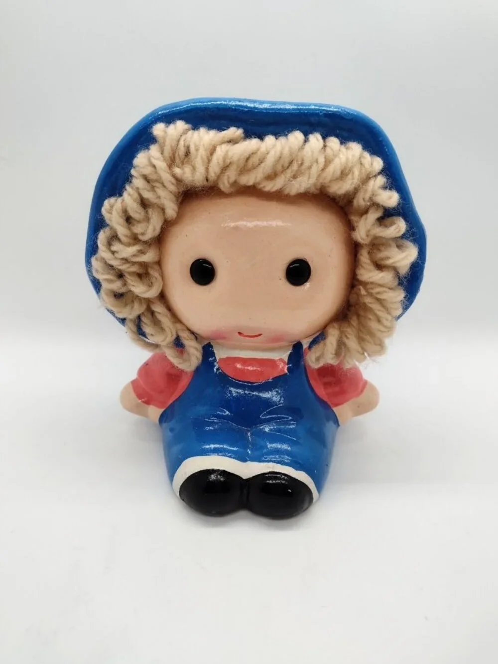 Vintage My Neil Chalkware Girl Planter Yarn Hair Kitsch Handpainted Blue READ